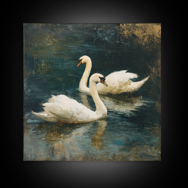Romantic Swan Pair on Dark Water Framed Canvas Print, Master Bedroom, Neutral Decor, Bedroom Decor, Fine Art, Sanctuary, MAS-1x1-63