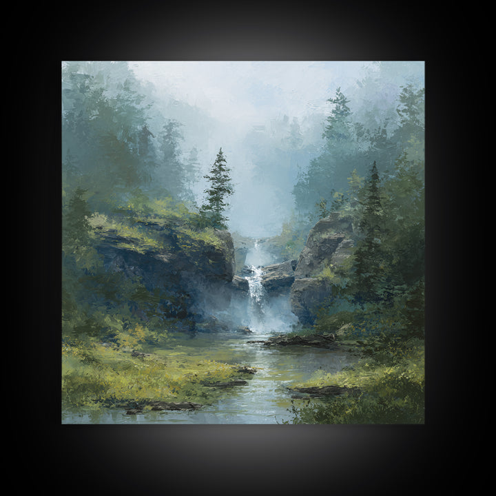 Peaceful Waterfall in Misty Green Forest Framed Canvas Print, Master Bedroom, Modern Decor, Bedroom Decor, Fine Art, Sanctuary, MAS-1x1-67