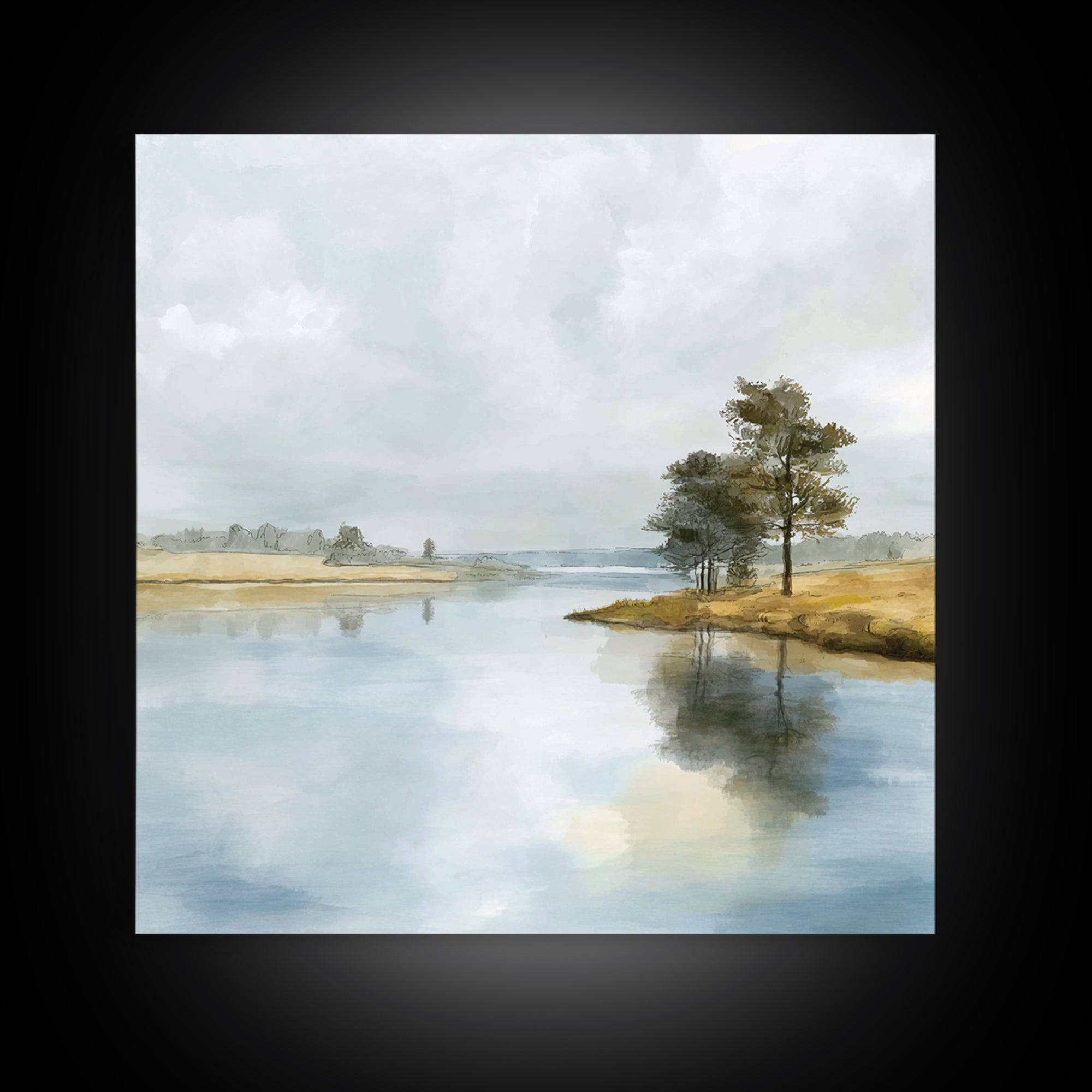Serene Lake with Pale Morning Reflection Framed Canvas Print, Master Bedroom, Bedroom Wall Art, Bedroom Decor, Oil Painting, MAS-1x1-7