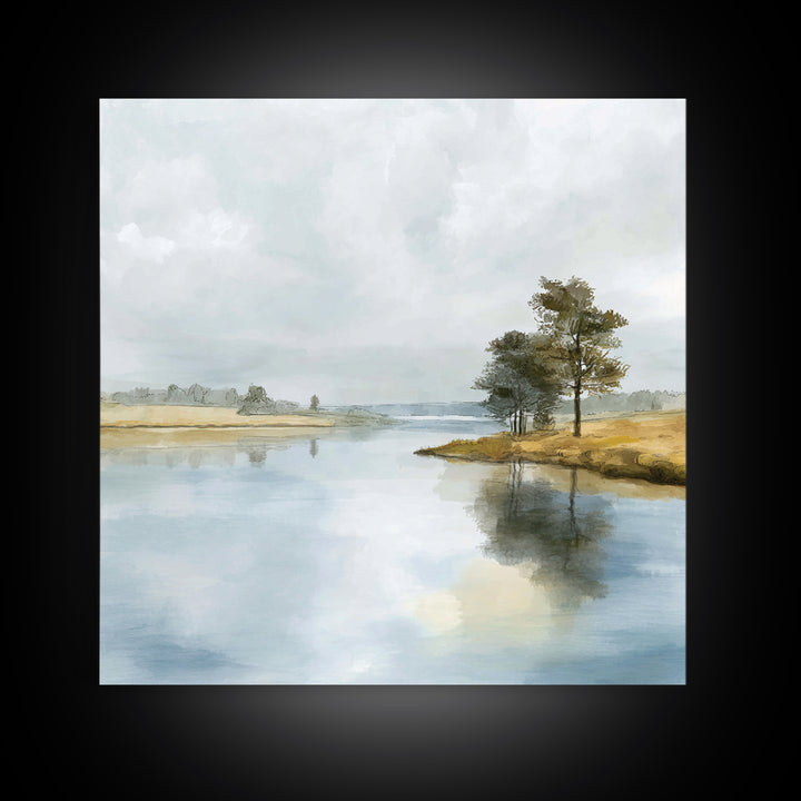 Serene Lake with Pale Morning Reflection Framed Canvas Print, Master Bedroom, Bedroom Wall Art, Bedroom Decor, Oil Painting, MAS-1x1-7