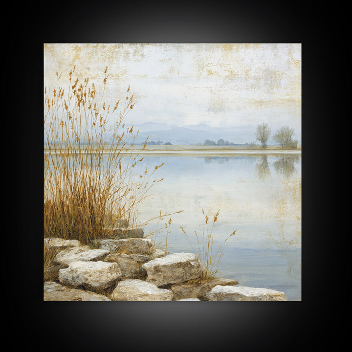 Serene Lake with Pale Morning Reflection Framed Canvas Print, Master Bedroom, Boho Decor, Bedroom Decor, Fine Art, Sanctuary, MAS-1x1-79