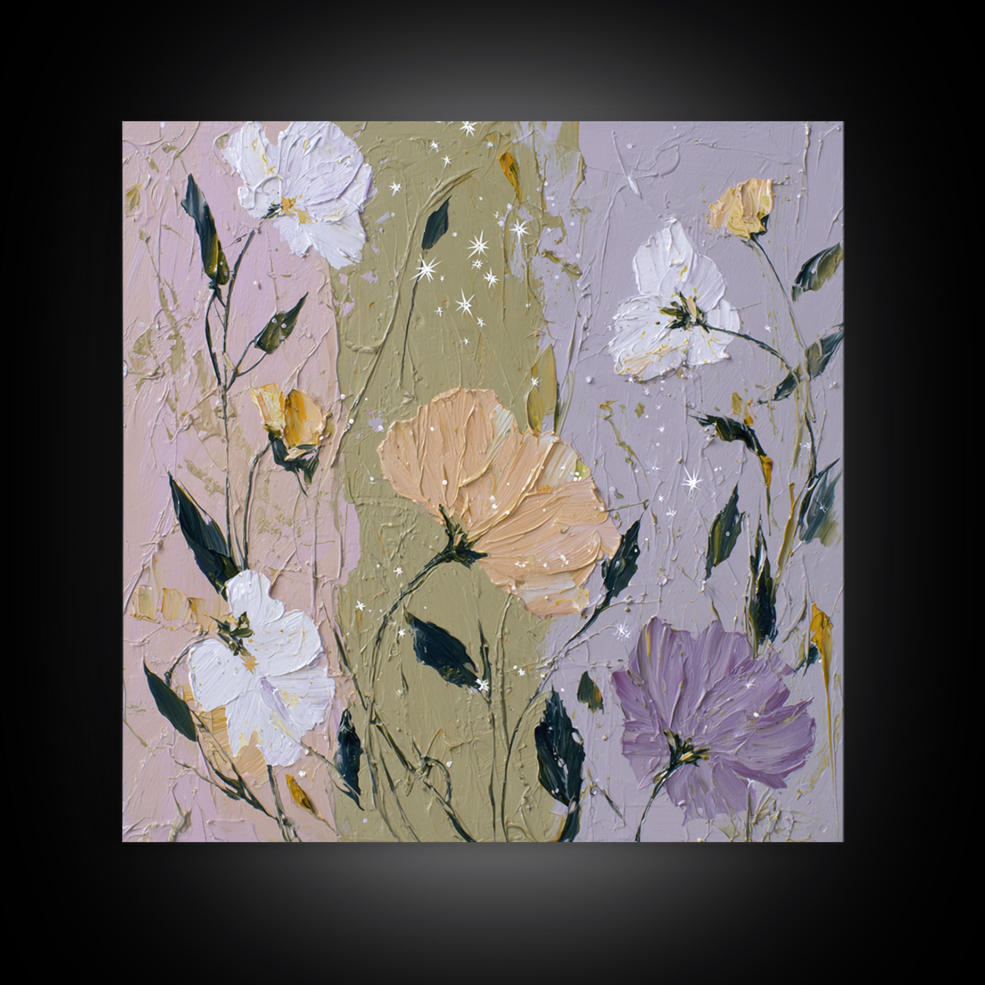 Night Garden with Pale Flowers and Stars Canvas Print, Master Bedroom, Fine Art Print, Bedroom Decor, Watercolor Art, Sanctuary, MAS-1x1-95