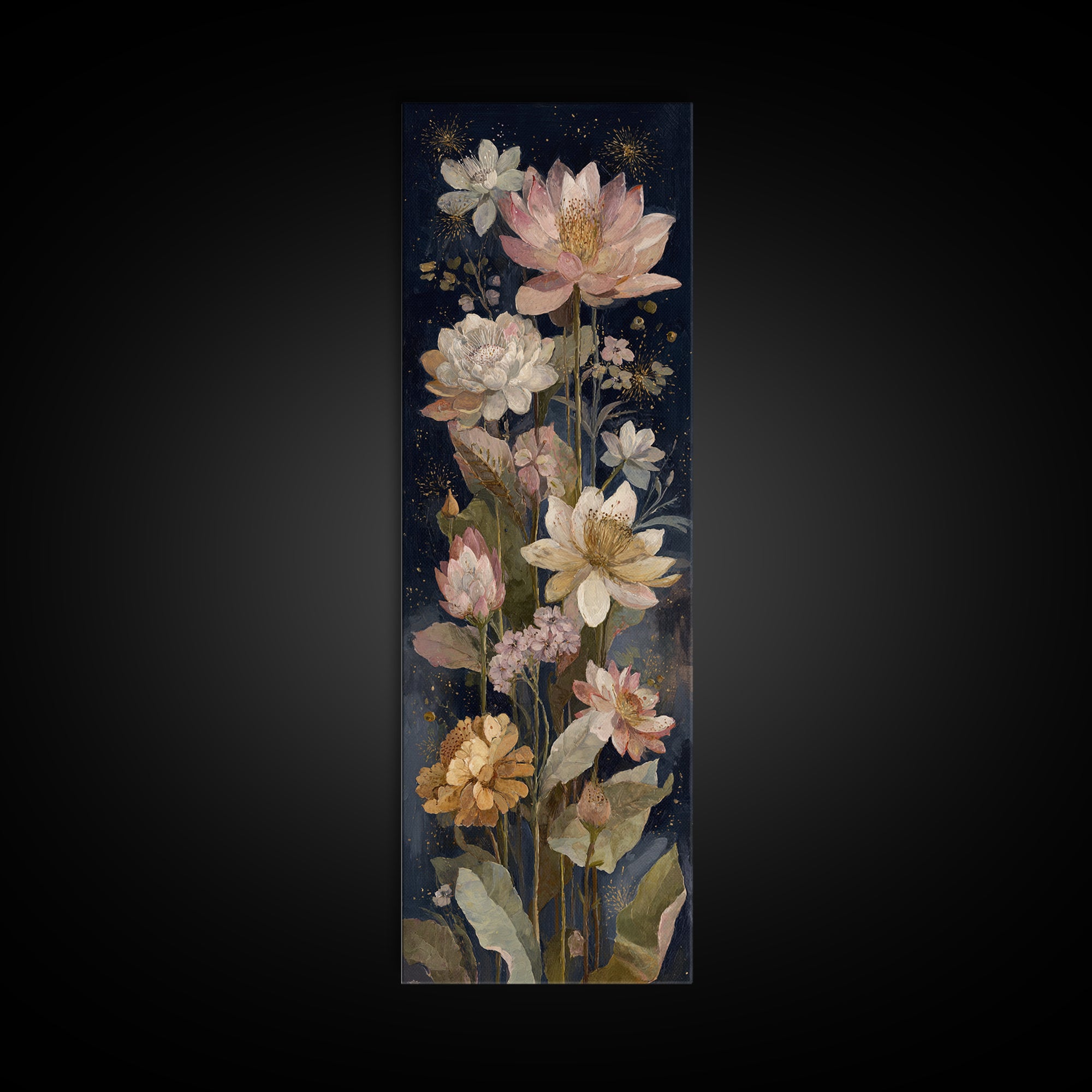 Night Garden with Pale Flowers and Stars Canvas Print, Master Bedroom, Minimalist Wall Art, Bedroom Decor, Fine Art, Sanctuary, MAS-1x3-11