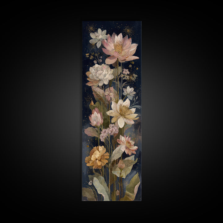 Night Garden with Pale Flowers and Stars Canvas Print, Master Bedroom, Minimalist Wall Art, Bedroom Decor, Fine Art, Sanctuary, MAS-1x3-11