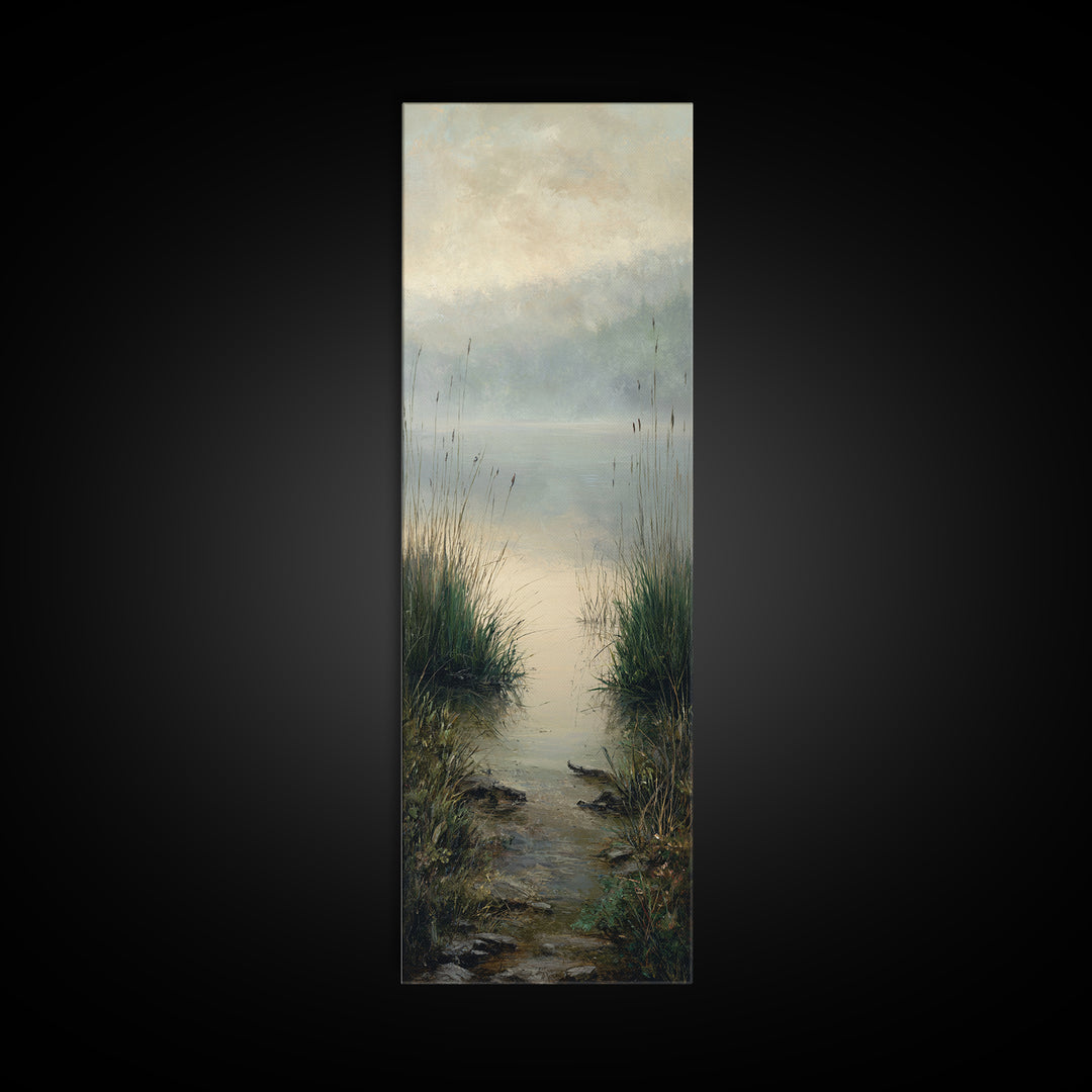 Serene Lake with Pale Morning Reflection Framed Canvas Print, Master Bedroom, Bedroom Wall Art, Bedroom Decor, Oil Painting, MAS-1x3-19