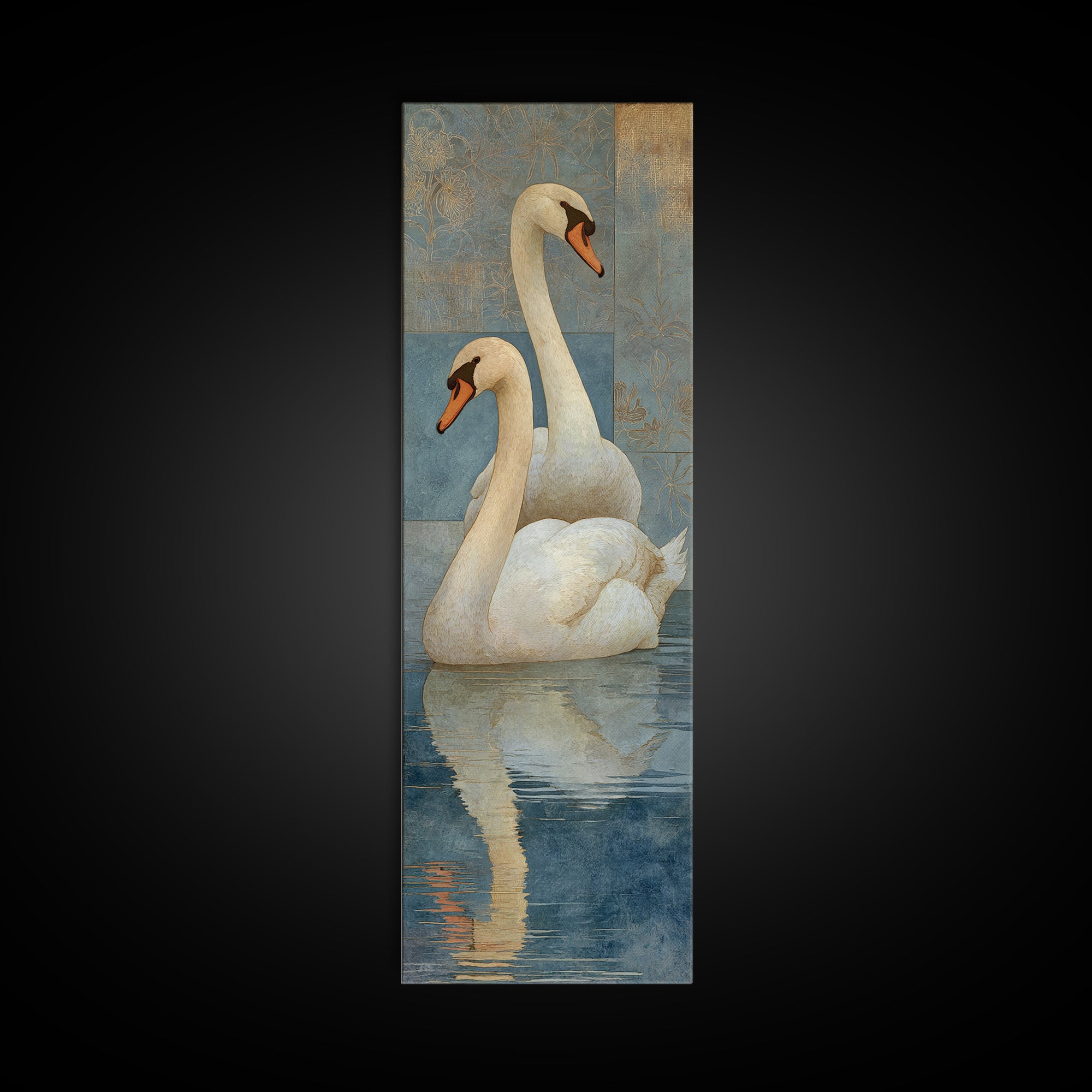 Romantic Swan Pair on Dark Water Canvas Print, Master Bedroom, Farmhouse Wall Decor, Bedroom Decor, Oil Painting, Sanctuary, MAS-1x3-27