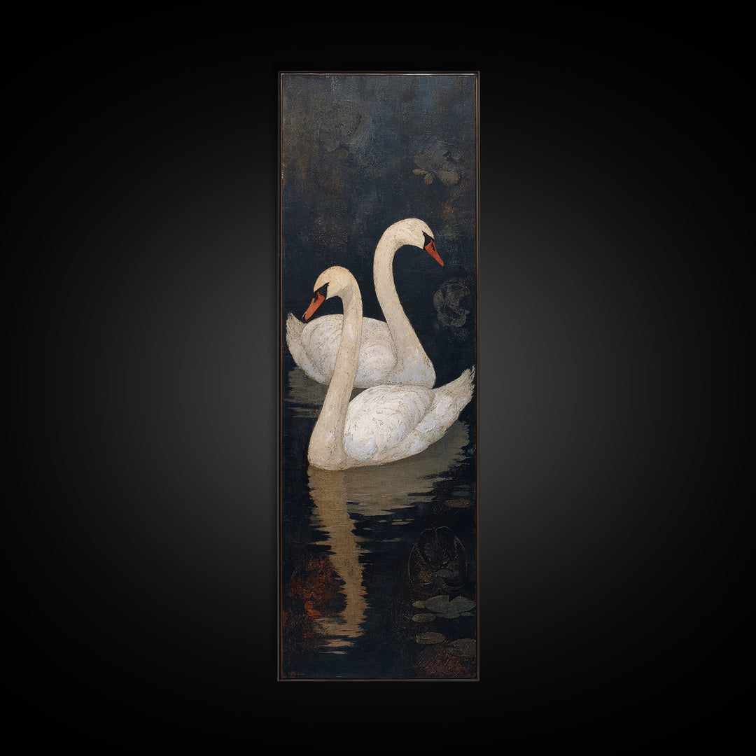 Romantic Swan Pair on Dark Water Framed Canvas Print, Master Bedroom, Wall Decal, Bedroom Decor, Watercolor Art, Sanctuary, MAS-1x3-3