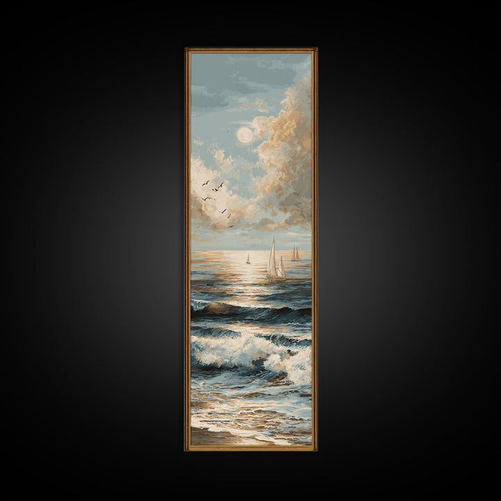 Elegant Moonlit Ocean Horizon Canvas Print, Master Bedroom, Minimalist Decor, Bedroom Decor, Oil Painting, Sanctuary, MAS-1x3-37