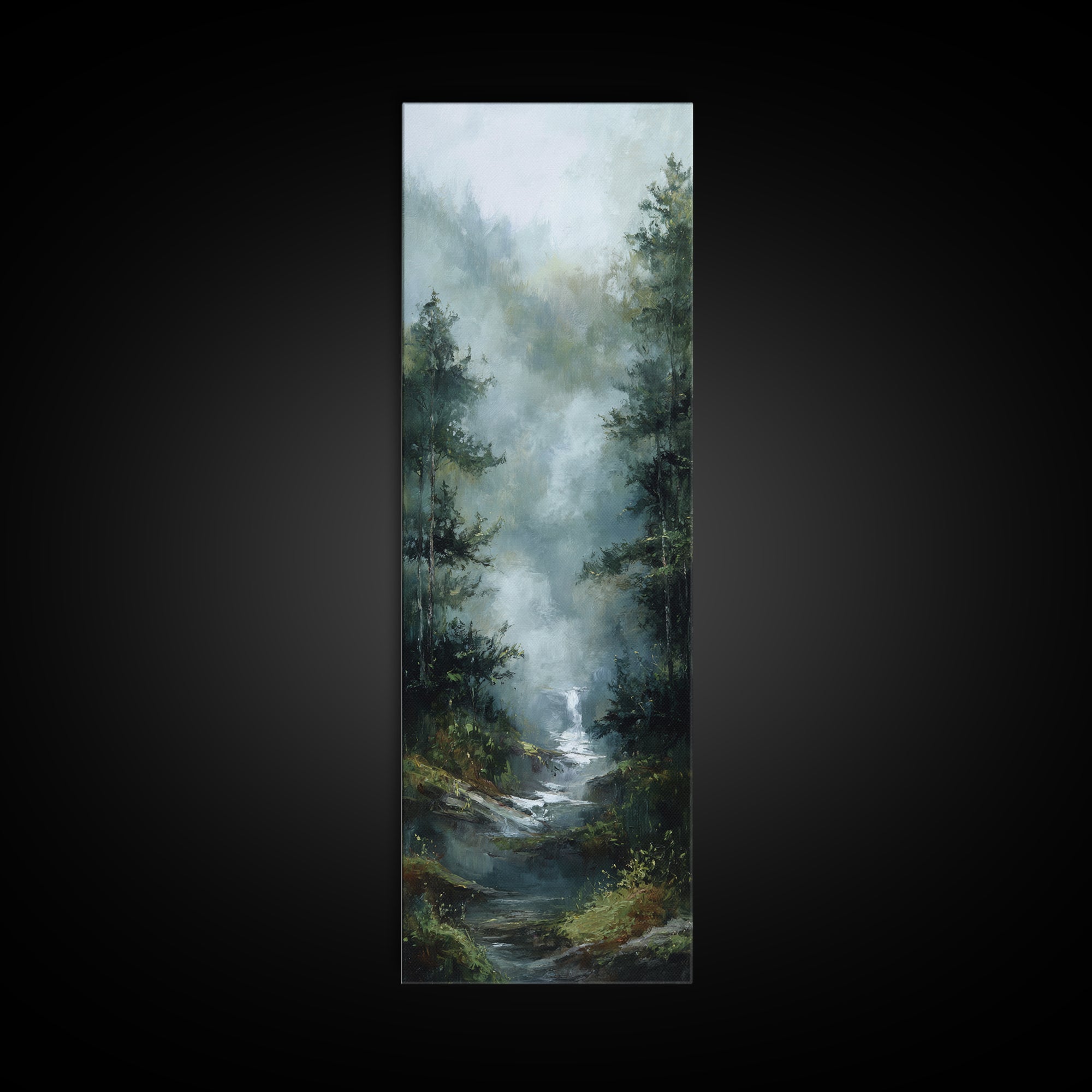 Peaceful Waterfall in Misty Green Forest Canvas Print, Master Bedroom, Wall Decor Bedroom, Bedroom Decor, Fine Art, Sanctuary, MAS-1x3-55