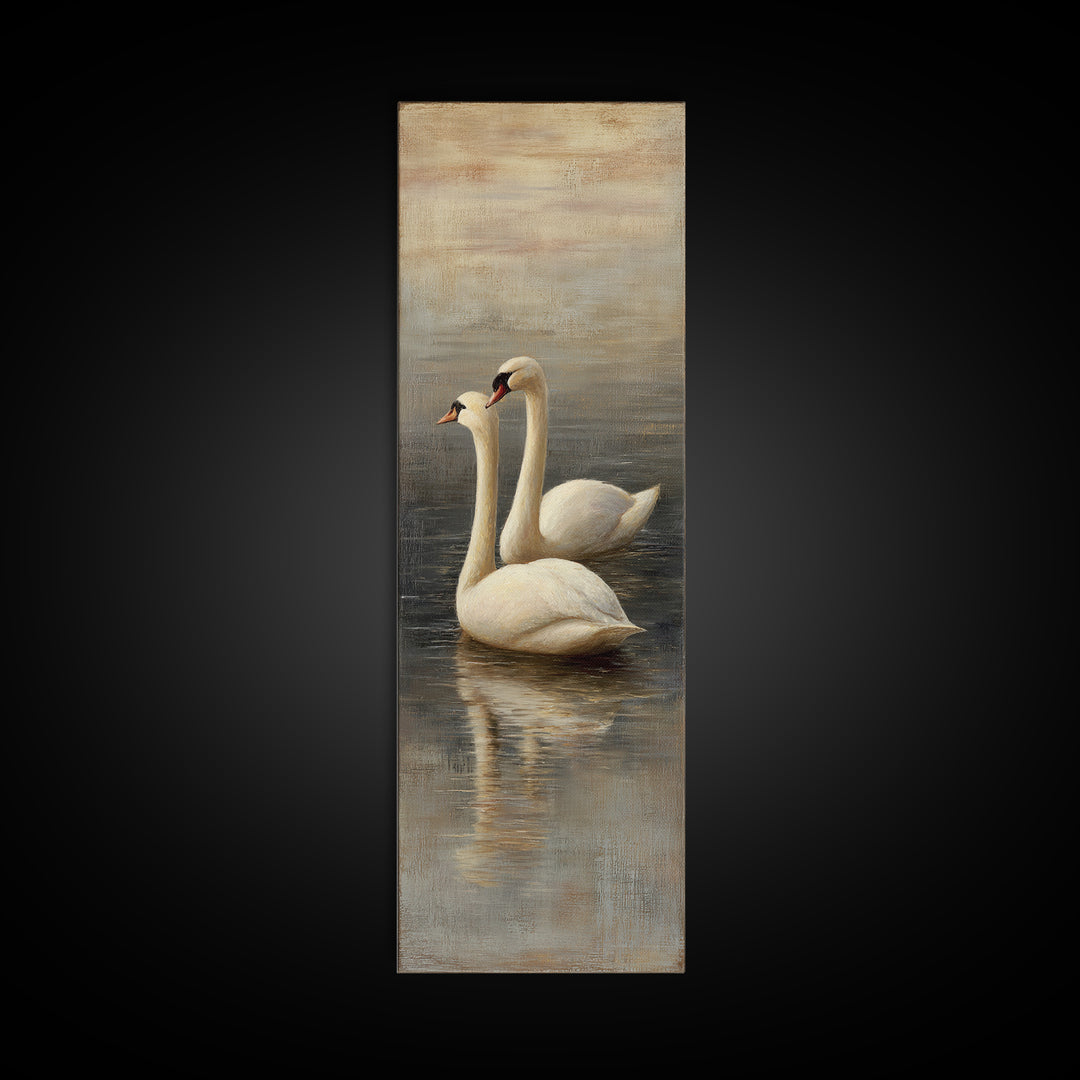 Romantic Swan Pair on Dark Water Framed Canvas Print, Master Bedroom, Neutral Decor, Bedroom Decor, Fine Art, Sanctuary, MAS-1x3-75