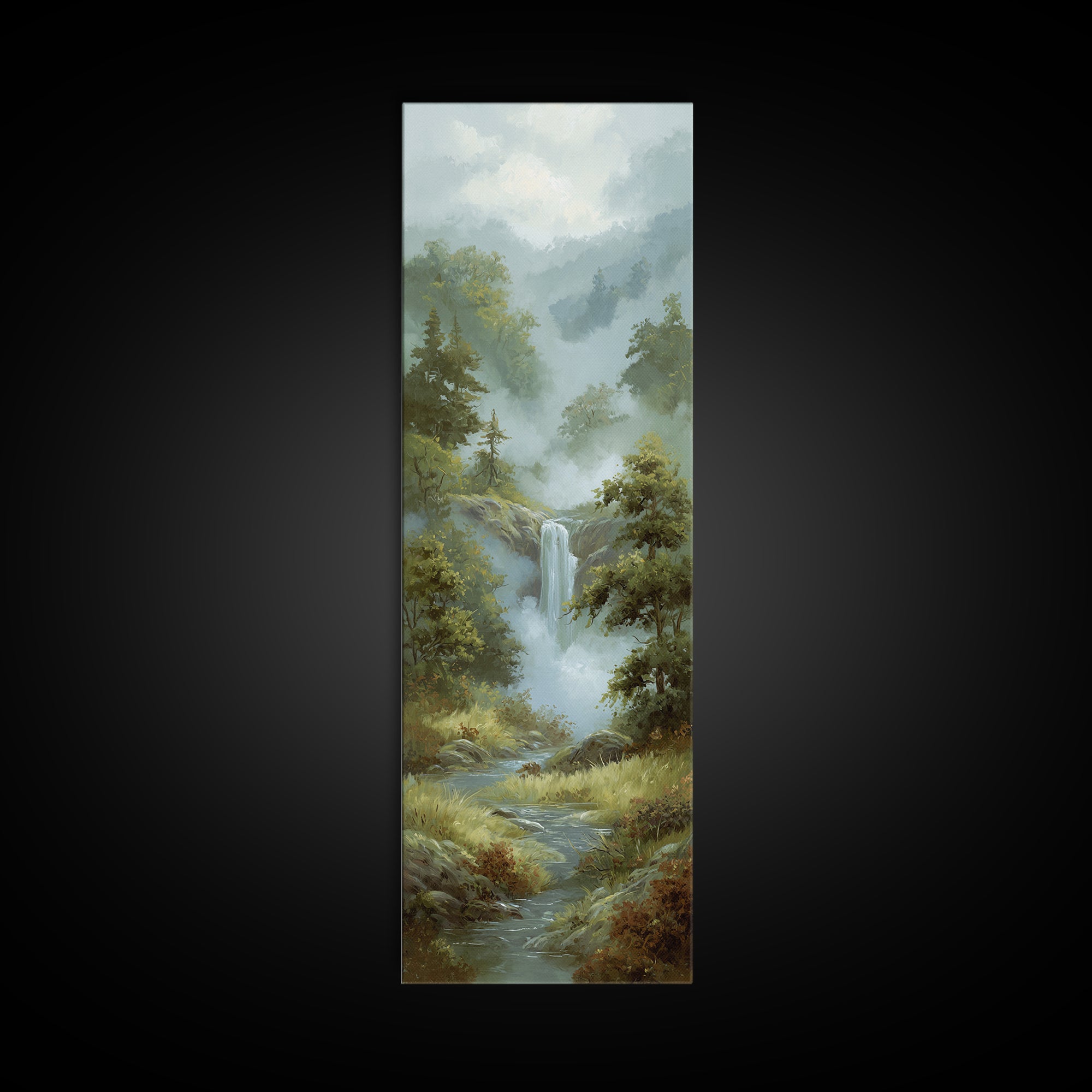 Peaceful Waterfall in Misty Green Forest Canvas Print, Master Bedroom, Above Bed Wall Decor, Bedroom Decor, Sanctuary, MAS-1x3-79