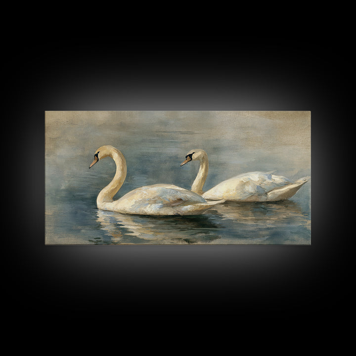 Romantic Swan Pair on Dark Water Framed Canvas Print, Master Bedroom, Living Room Prints, Bedroom Decor, Fine Art, Sanctuary, MAS-2x1-11