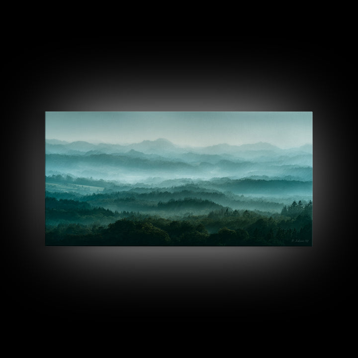 Calm Misty Forest Panorama Framed Canvas Print, Master Bedroom, Minimalist Decor, Bedroom Decor, Oil Painting, Sanctuary, MAS-2x1-24