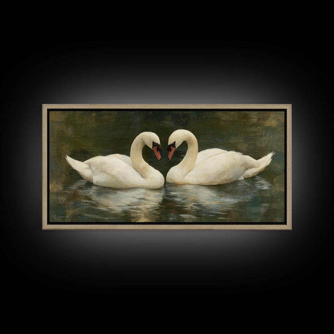 Romantic Swan Pair on Dark Water Framed Canvas Print, Master Bedroom, Wall Art, Bedroom Decor, Oil Painting, Sanctuary, MAS-2x1-35