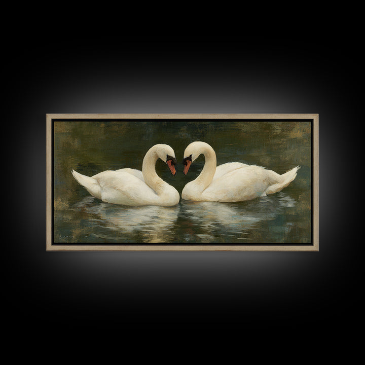 Romantic Swan Pair on Dark Water Framed Canvas Print, Master Bedroom, Wall Art, Bedroom Decor, Oil Painting, Sanctuary, MAS-2x1-35