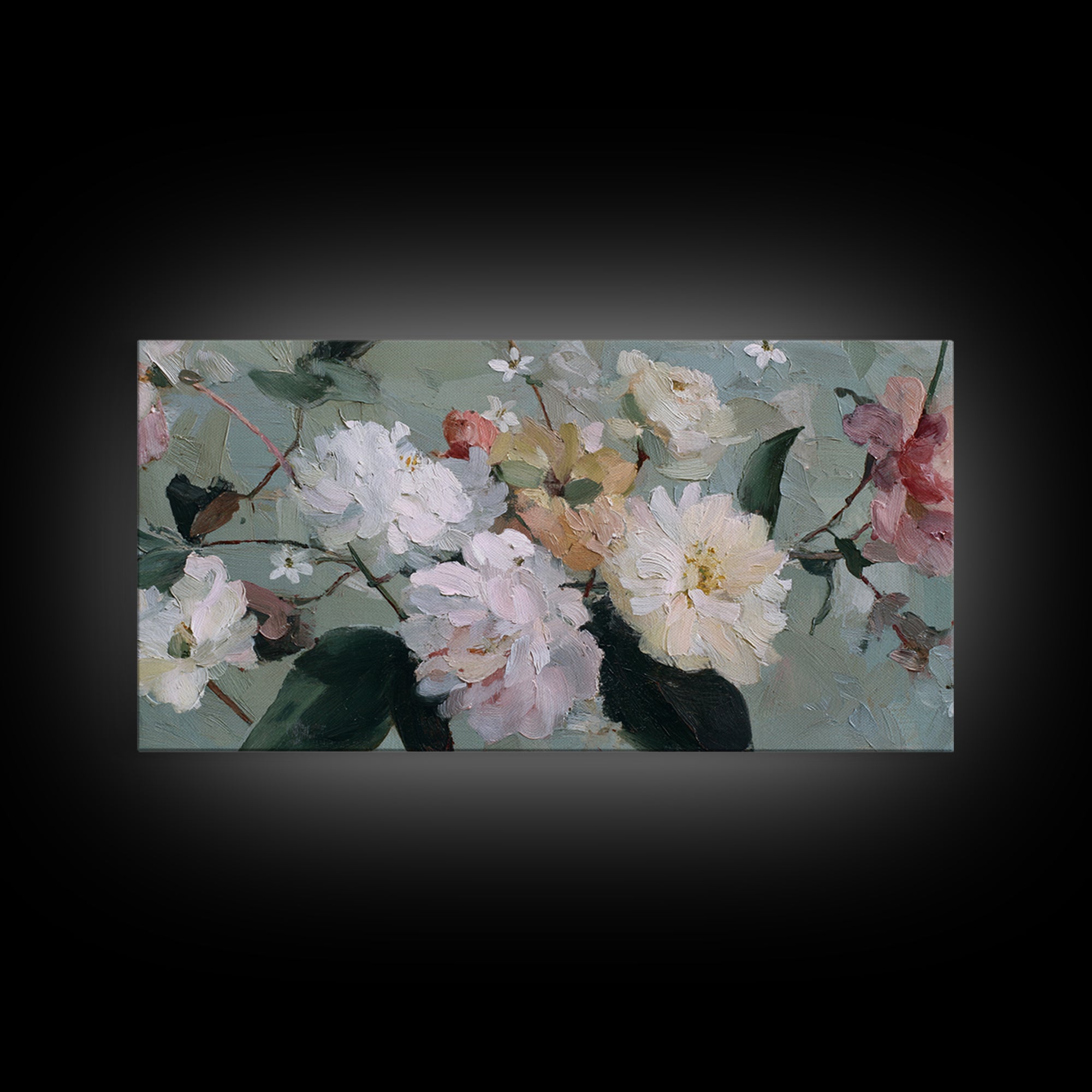 Night Garden with Pale Flowers and Stars Framed Canvas Print, Master Bedroom, Bedroom Decor, Oil Painting, Sanctuary, MAS-2x1-43