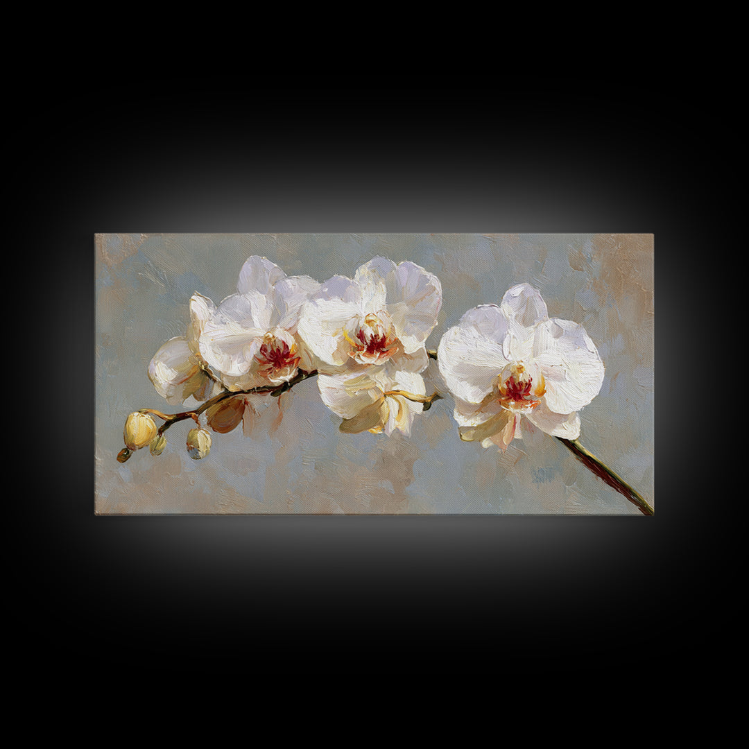 White Orchids Against Warm Gray Background Canvas Print, Master Bedroom, Farmhouse Wall Decor, Bedroom Decor, Oil Painting, MAS-2x1-53