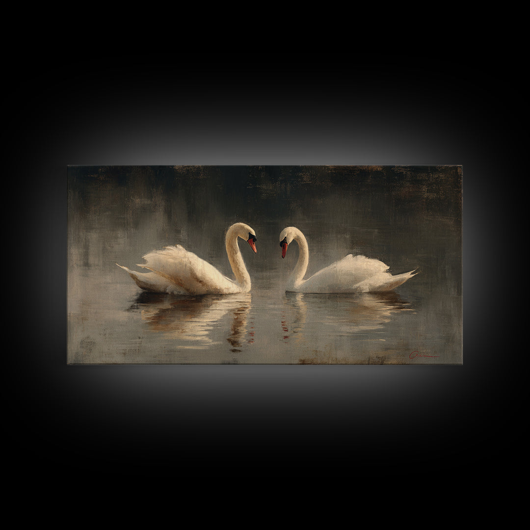 Romantic Swan Pair on Dark Water Framed Canvas Print, Master Bedroom, Bedroom, Bedroom Decor, Watercolor Art, Sanctuary, MAS-2x1-59