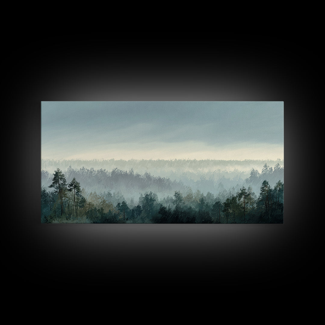Calm Misty Forest Panorama Framed Canvas Print, Master Bedroom, Wall Decor Bedroom, Bedroom Decor, Fine Art, Sanctuary, MAS-2x1-96