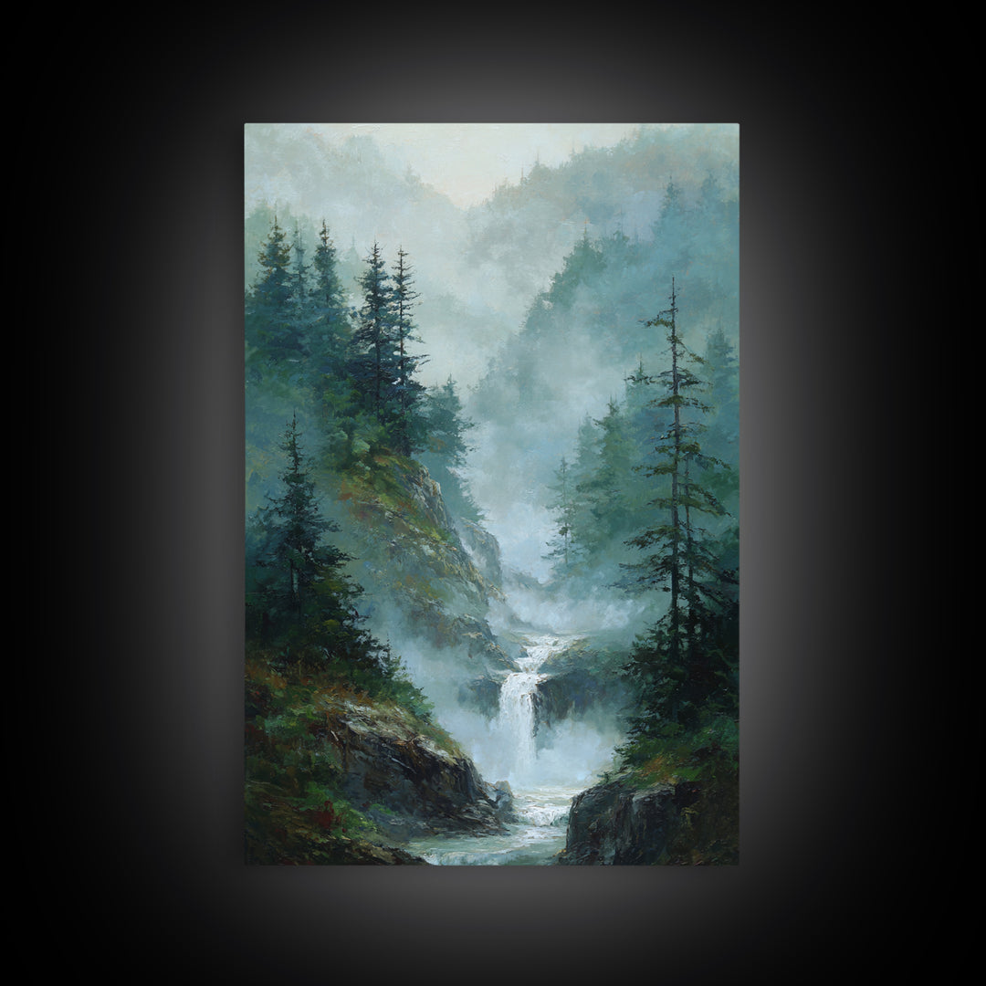 Peaceful Waterfall in Misty Green Forest Framed Canvas Print, Master Bedroom, Room Decor, Bedroom Decor, Fine Art, Sanctuary, MAS-2x3-3
