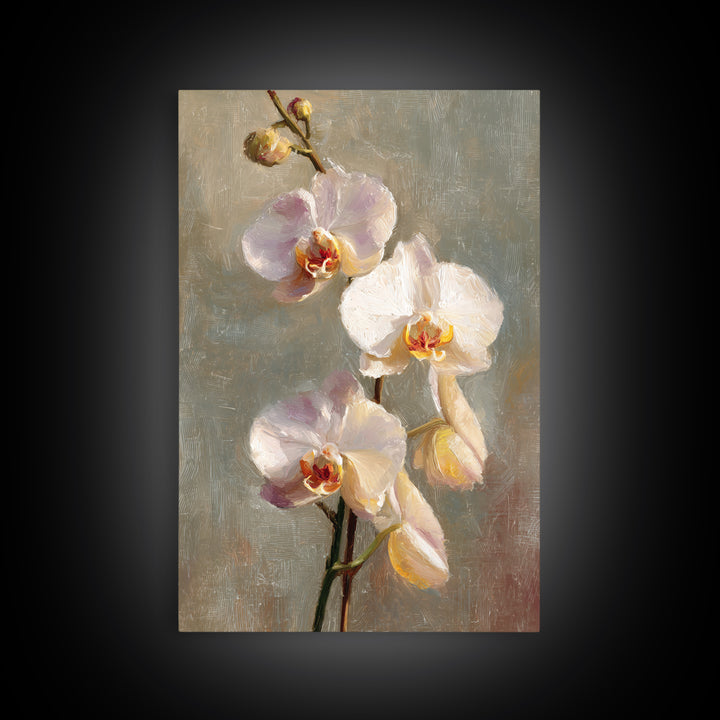 White Orchids Against Warm Gray Background Framed Canvas Print, Master Bedroom, Canvas Print, Bedroom Decor, Abstract Art, MAS-2x3-41