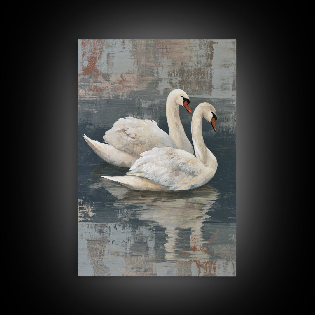 Romantic Swan Pair on Dark Water Framed Canvas Print, Master Bedroom, Canvas Print, Bedroom Decor, Abstract Art, Sanctuary, MAS-2x3-47