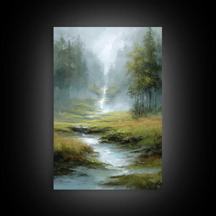 Peaceful Waterfall in Misty Green Forest Framed Canvas Print, Master Bedroom, Wedding Decor, Bedroom Decor, Fine Art, Sanctuary, MAS-2x3-51