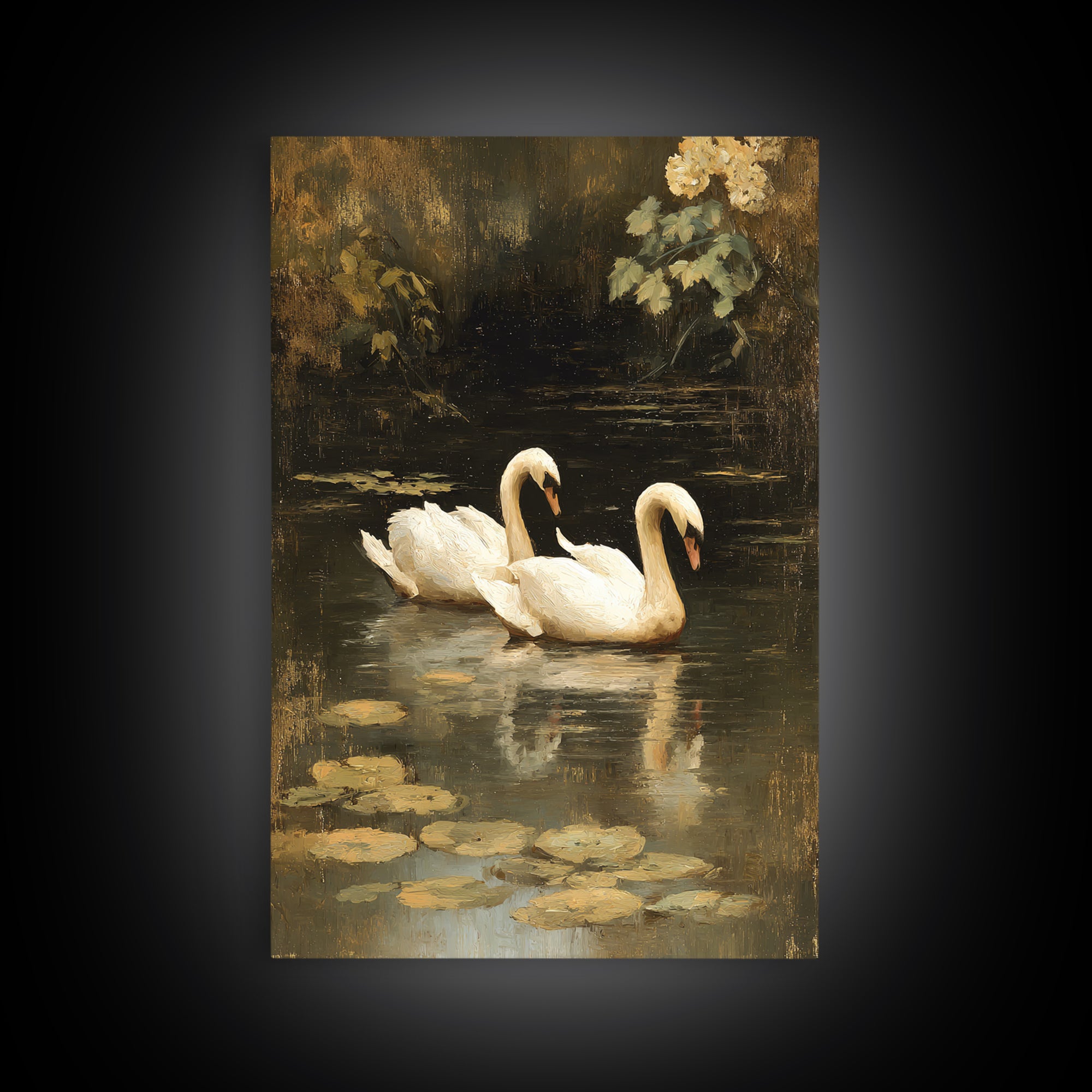 Romantic Swan Pair on Dark Water Canvas Print, Master Bedroom, Over Bed Wall Art, Bedroom Decor, Oil Painting, Sanctuary, MAS-2x3-95
