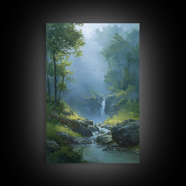 Peaceful Waterfall in Misty Green Forest Canvas Print, Master Bedroom, Above Bed Wall Art, Bedroom Decor, Fine Art, Sanctuary, MAS-2x3-99
