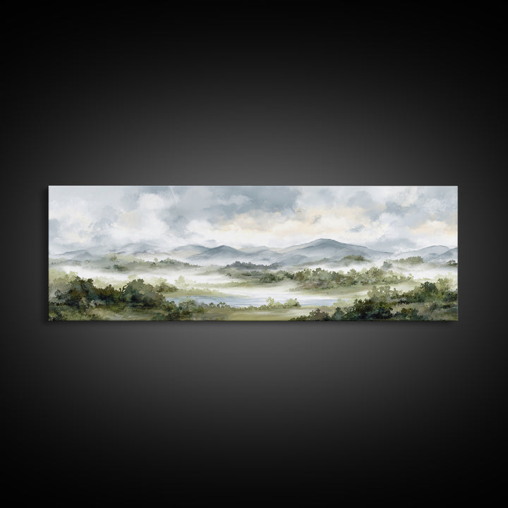 Calm Misty Forest Panorama Canvas Print, Master Bedroom, Above Bed Wall Decor, Bedroom Decor, Oil Painting, Sanctuary, MAS-3x1-20