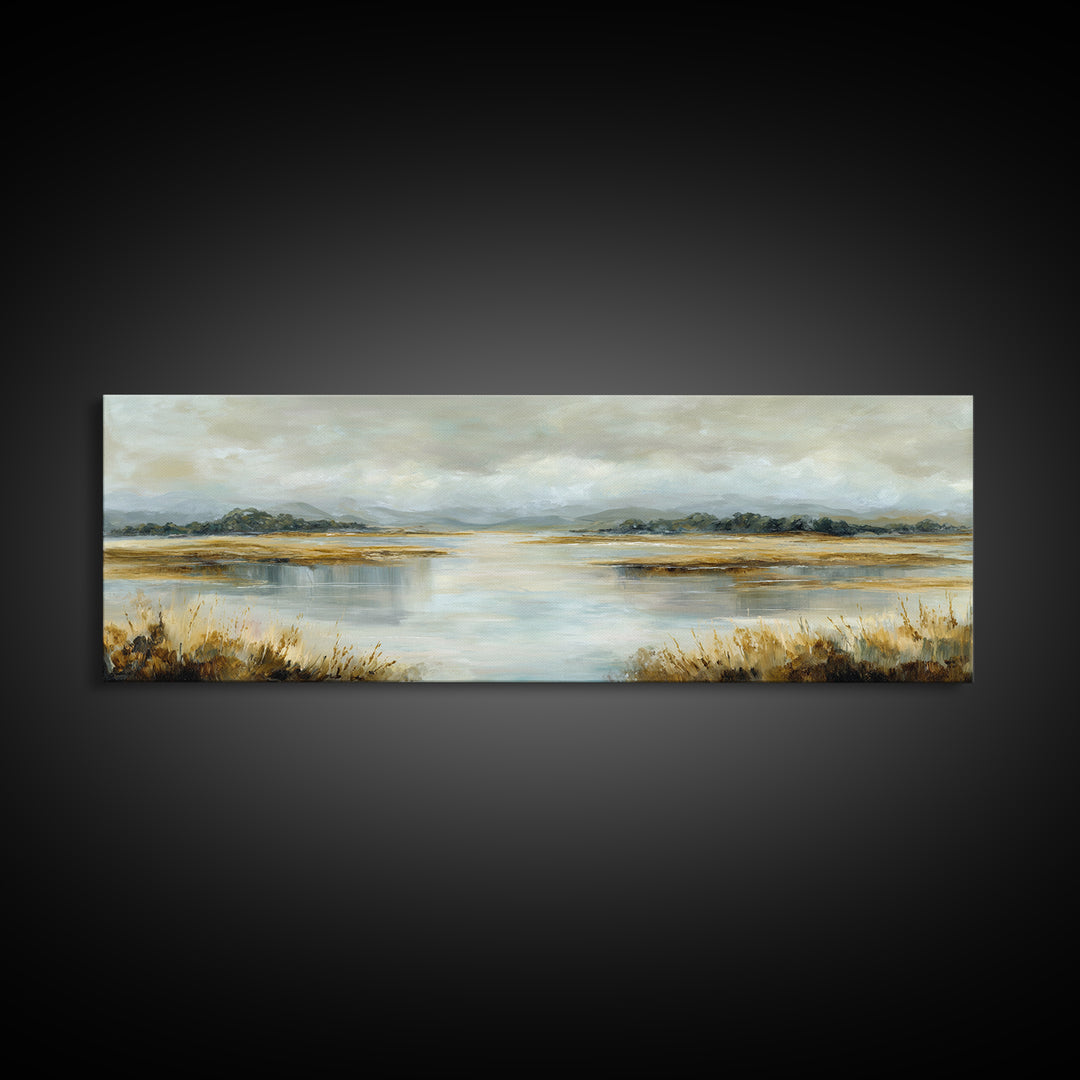 Serene Lake with Pale Morning Reflection Framed Canvas Print, Master Bedroom, Room Decor, Bedroom Decor, Fine Art, Sanctuary, MAS-3x1-23