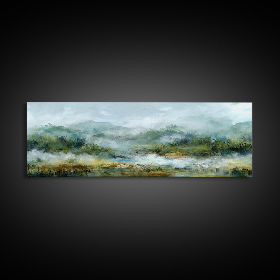 Peaceful Waterfall in Misty Green Forest Canvas Print, Master Bedroom, Minimalist Decor, Bedroom Decor, Oil Painting, Sanctuary, MAS-3x1-35