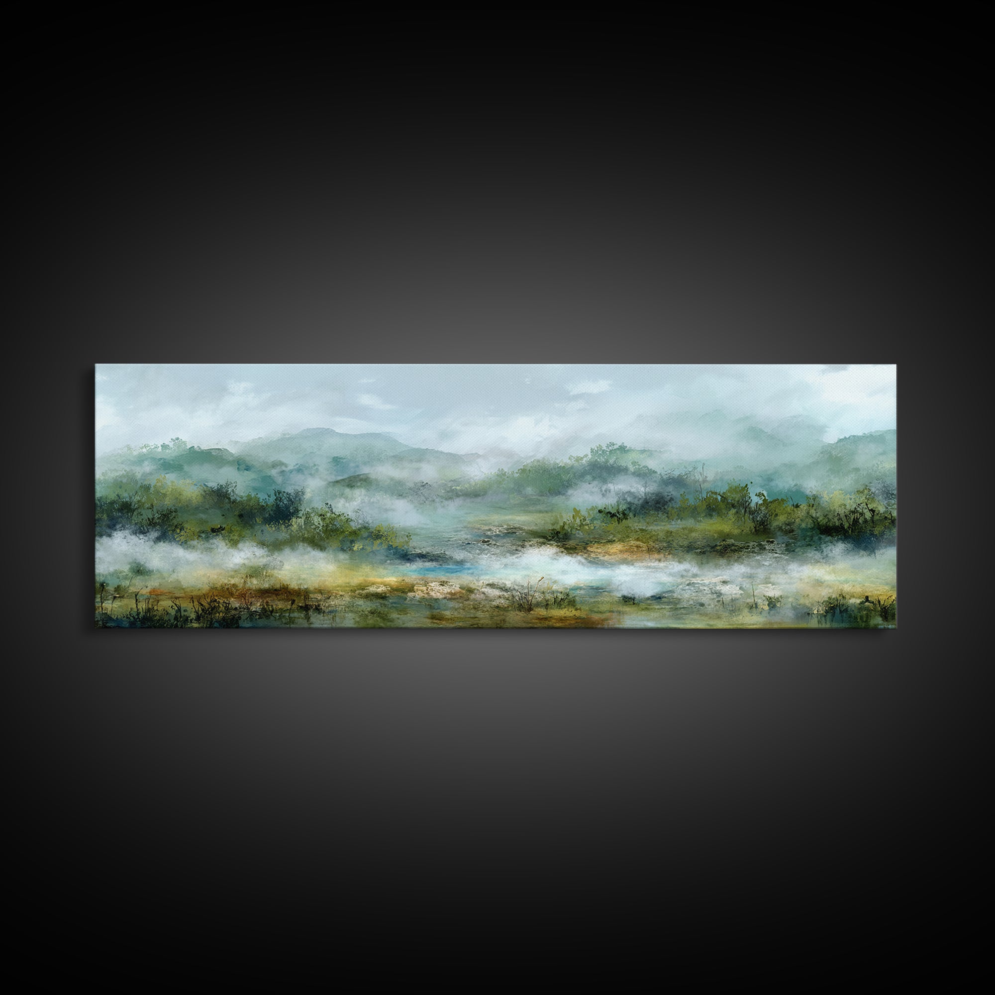 Peaceful Waterfall in Misty Green Forest Canvas Print, Master Bedroom, Minimalist Decor, Bedroom Decor, Oil Painting, Sanctuary, MAS-3x1-35