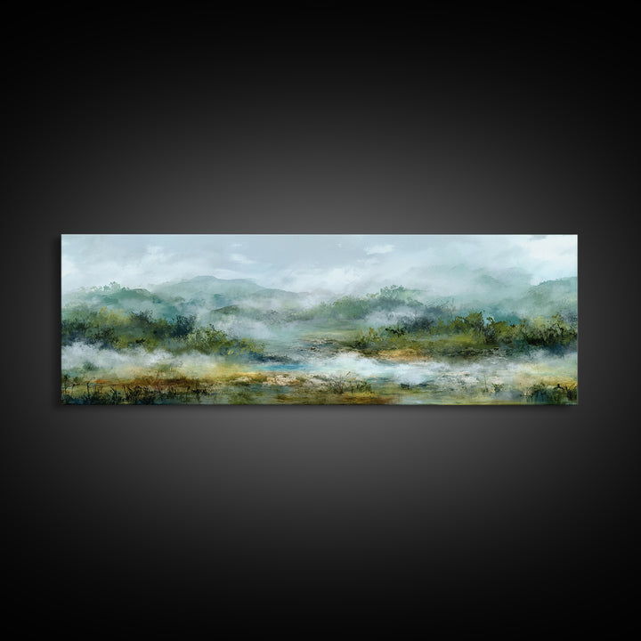 Peaceful Waterfall in Misty Green Forest Canvas Print, Master Bedroom, Minimalist Decor, Bedroom Decor, Oil Painting, Sanctuary, MAS-3x1-35