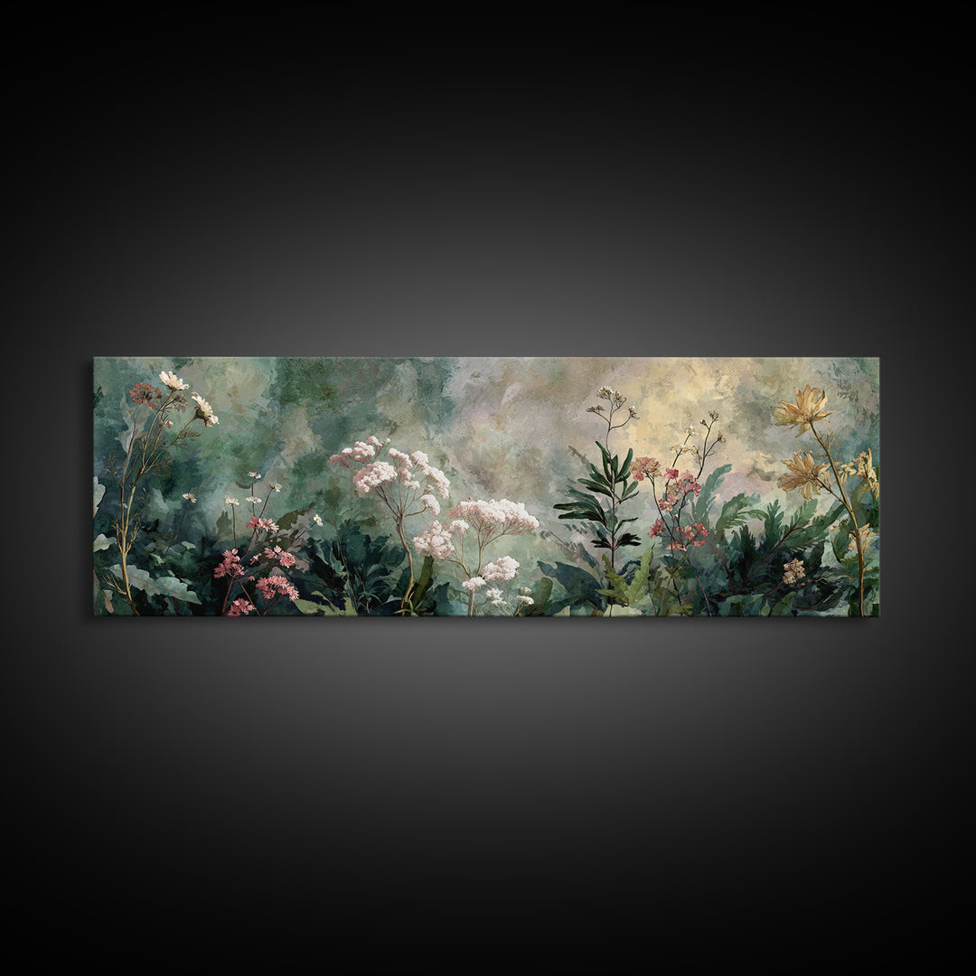 Dreamy Celestial Moon and Botanical Composition Framed Canvas Print, Master Bedroom, Bedroom Decor, Oil Painting, Sanctuary, MAS-3x1-51
