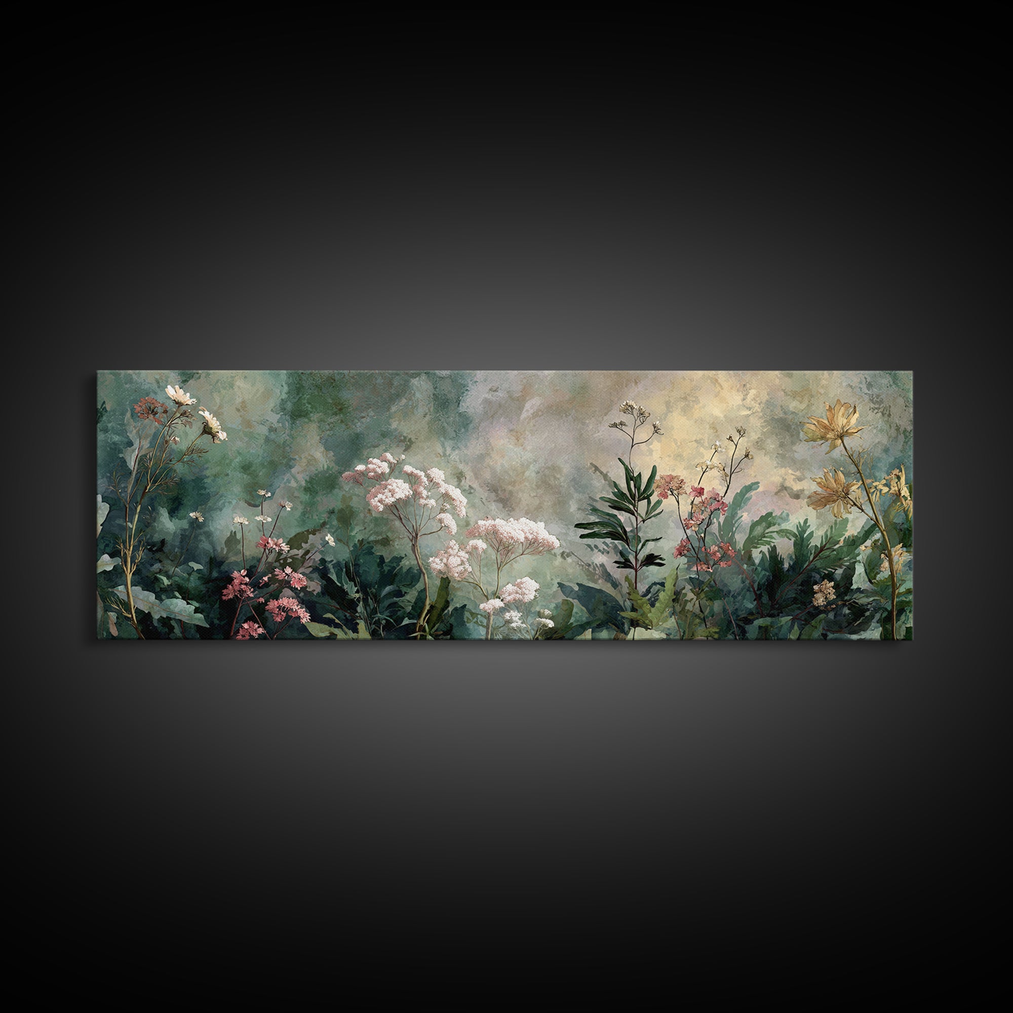 Dreamy Celestial Moon and Botanical Composition Framed Canvas Print, Master Bedroom, Bedroom Decor, Oil Painting, Sanctuary, MAS-3x1-51