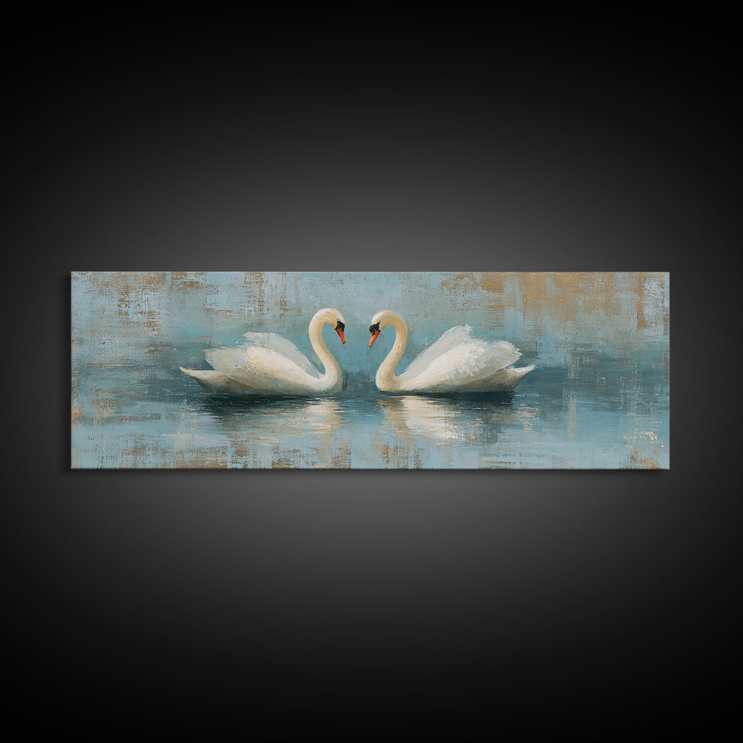 Romantic Swan Pair on Dark Water Framed Canvas Print, Master Bedroom, Art Print, Bedroom Decor, Sanctuary, Above Bed Decor, MAS-3x1-55