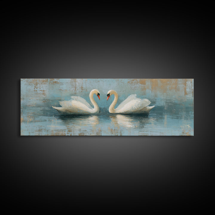 Romantic Swan Pair on Dark Water Framed Canvas Print, Master Bedroom, Art Print, Bedroom Decor, Sanctuary, Above Bed Decor, MAS-3x1-55