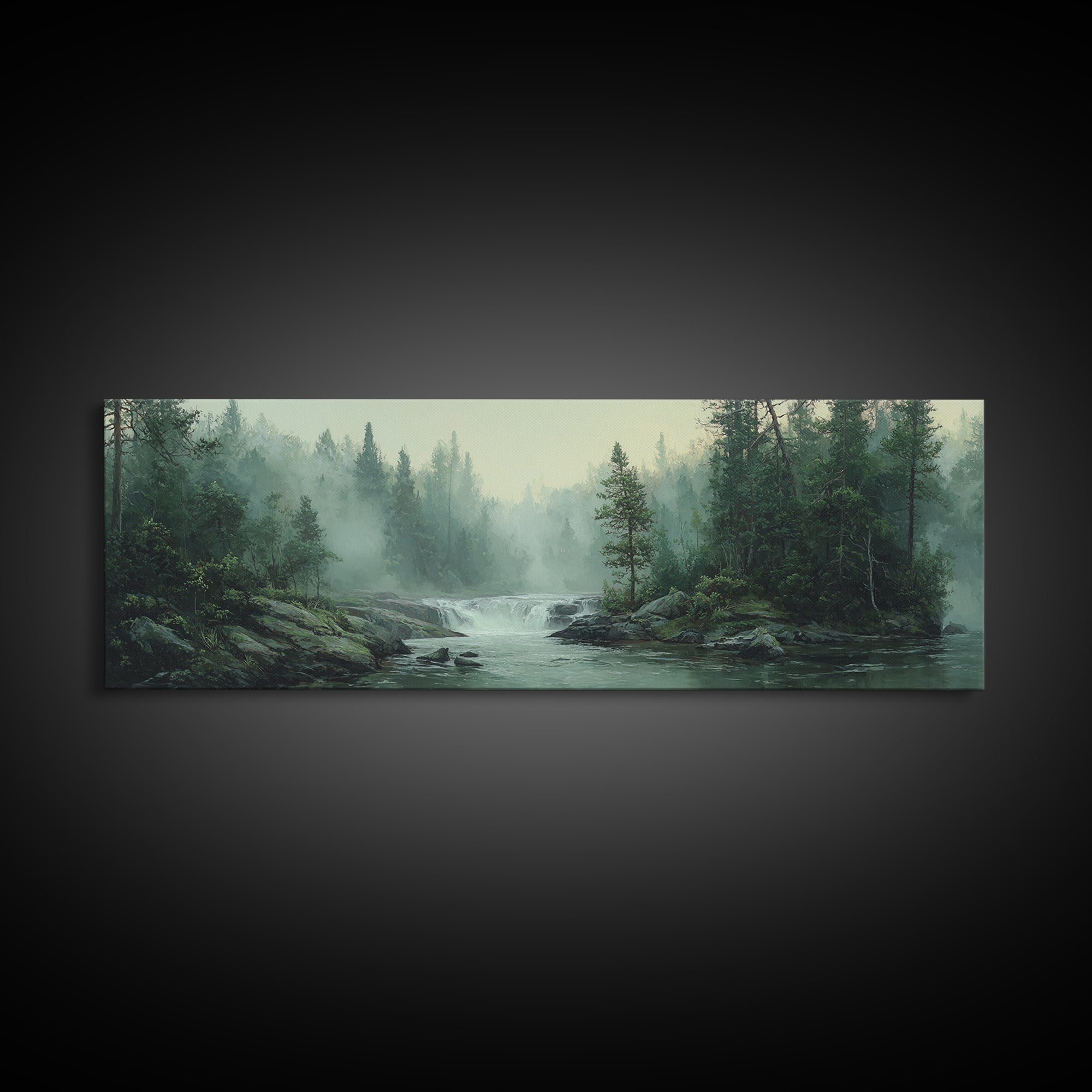 Peaceful Waterfall in Misty Green Forest Framed Canvas Print, Master Bedroom, Printable Wall Art, Bedroom Decor, Sanctuary, MAS-3x1-59
