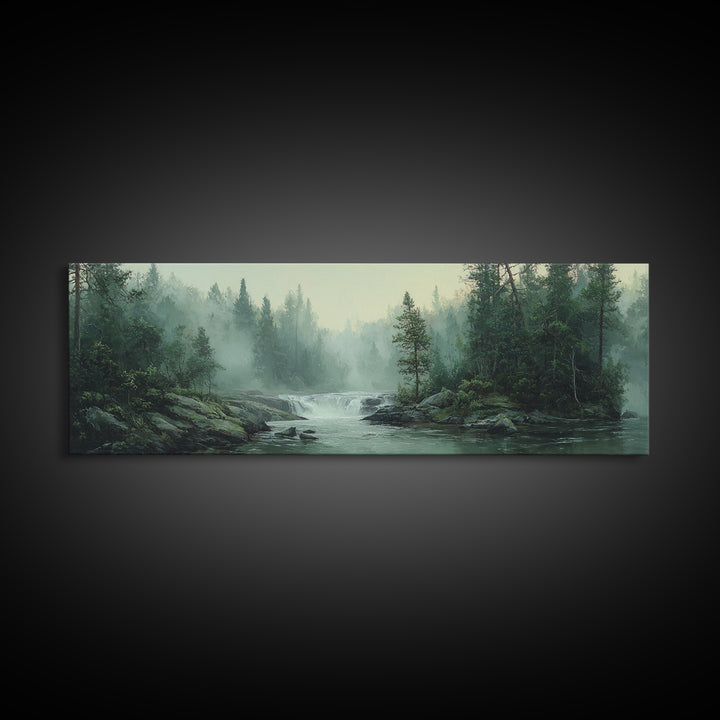 Peaceful Waterfall in Misty Green Forest Framed Canvas Print, Master Bedroom, Printable Wall Art, Bedroom Decor, Sanctuary, MAS-3x1-59