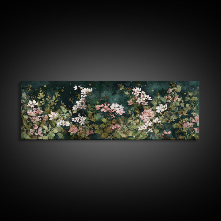 Night Garden with Pale Flowers and Stars Framed Canvas Print, Master Bedroom, Bedroom Decor, Watercolor Art, Sanctuary, MAS-3x1-63