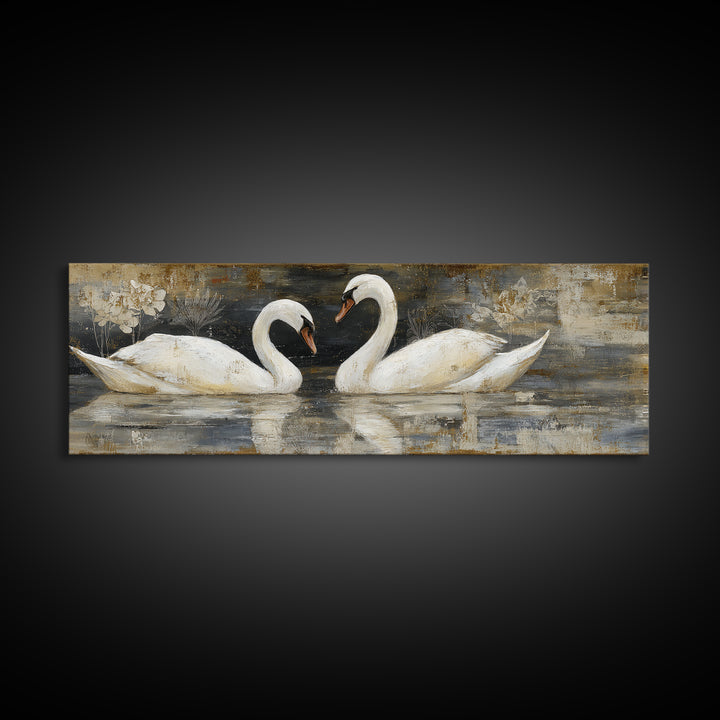 Romantic Swan Pair on Dark Water Framed Canvas Print, Master Bedroom, Statement Artwork, Bedroom Decor, Fine Art, Sanctuary, MAS-3x1-7