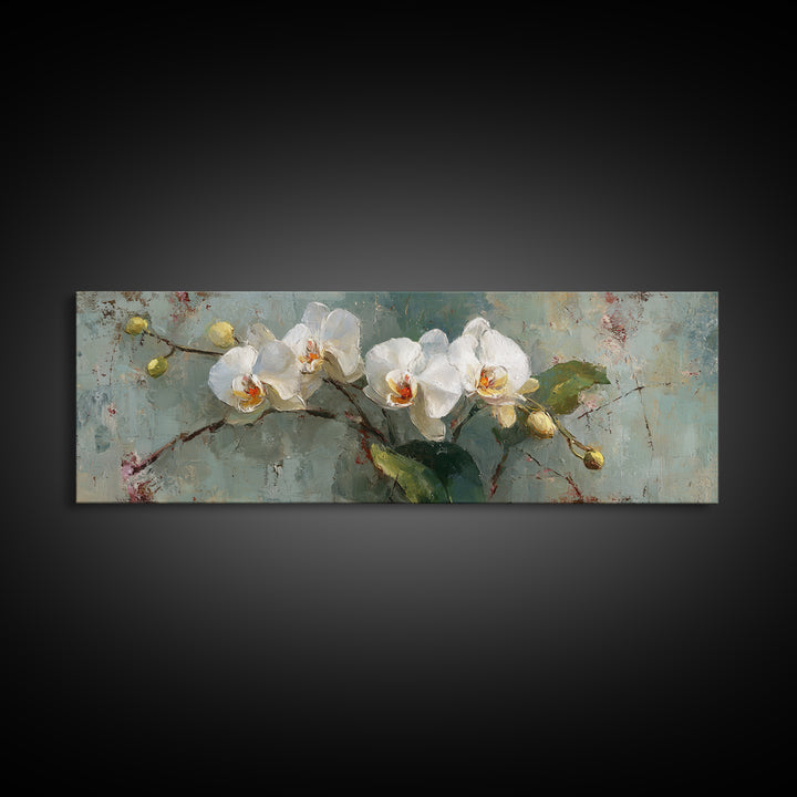 White Orchids Against Warm Gray Background Framed Canvas Print, Master Bedroom, Neutral Decor, Bedroom Decor, Sanctuary, MAS-3x1-73