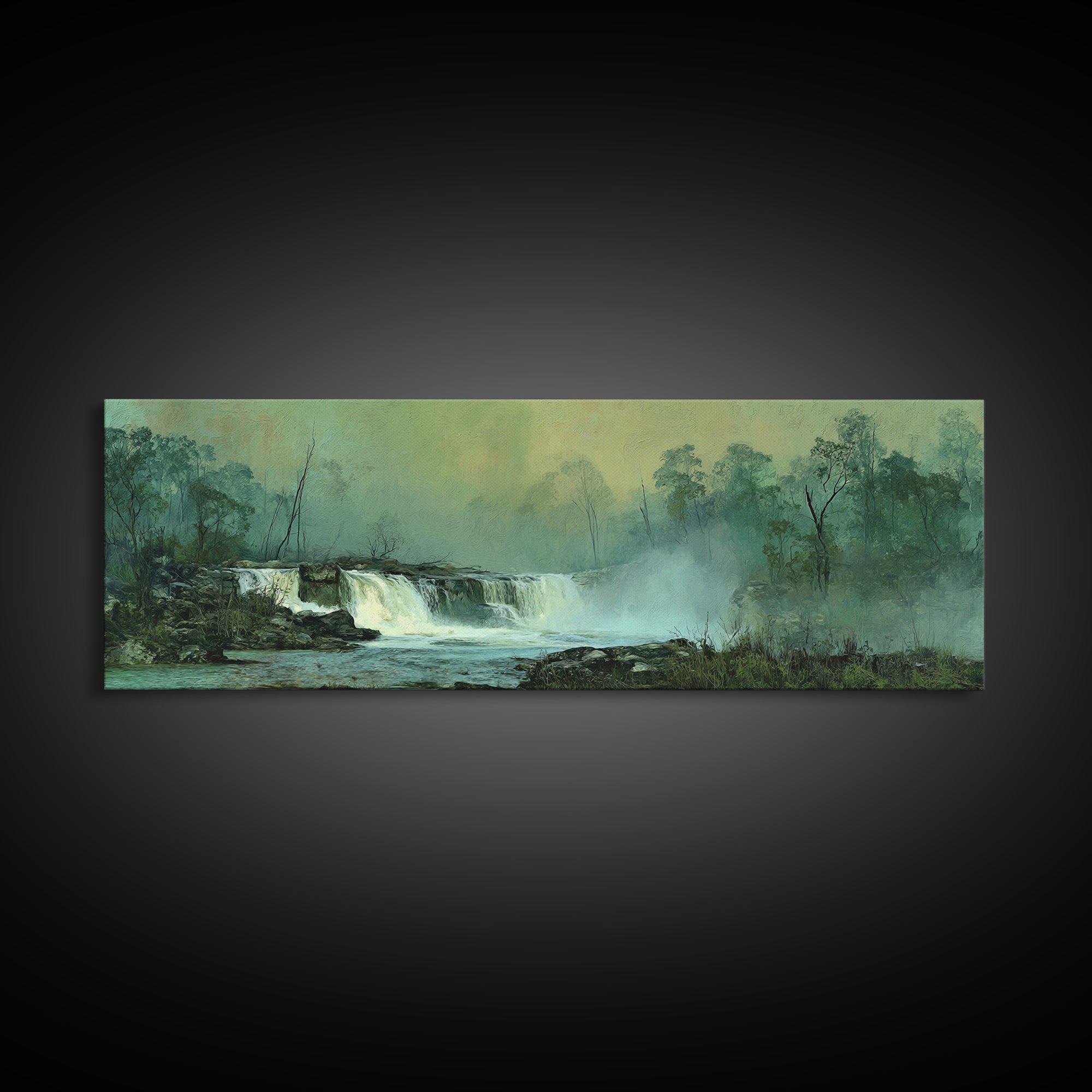 Peaceful Waterfall in Misty Green Forest Canvas Print, Master Bedroom, Printable Art, Bedroom Decor, Fine Art, Sanctuary, MAS-3x1-83