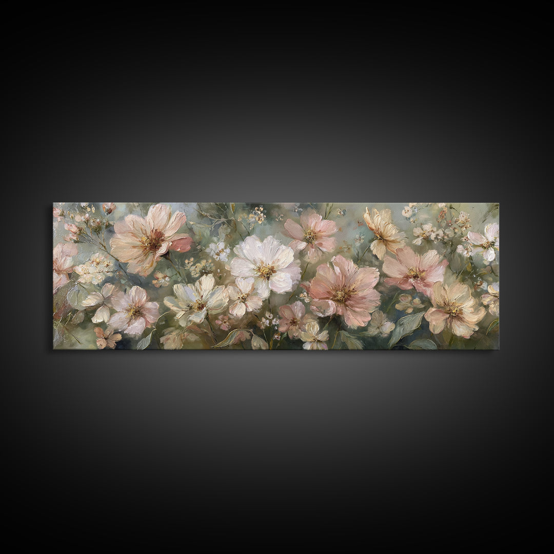 Night Garden with Pale Flowers and Stars Framed Canvas Print, Master Bedroom, Farmhouse Decor, Bedroom Decor, Sanctuary, MAS-3x1-87