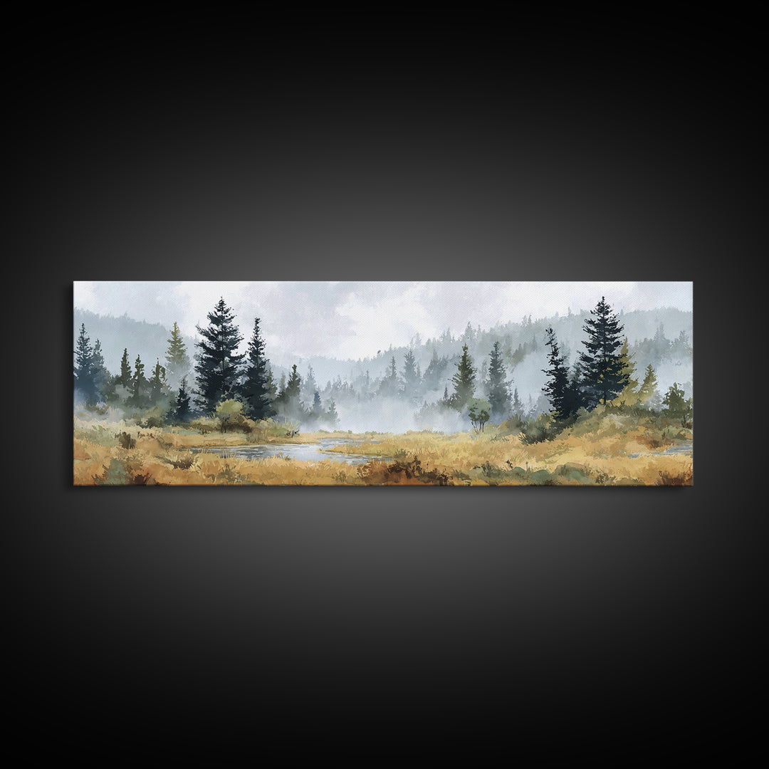 Calm Misty Forest Panorama Canvas Print, Master Bedroom, Wedding Decor, Bedroom Decor, Fine Art, Sanctuary, Rustic Home Decor, MAS-3x1-92