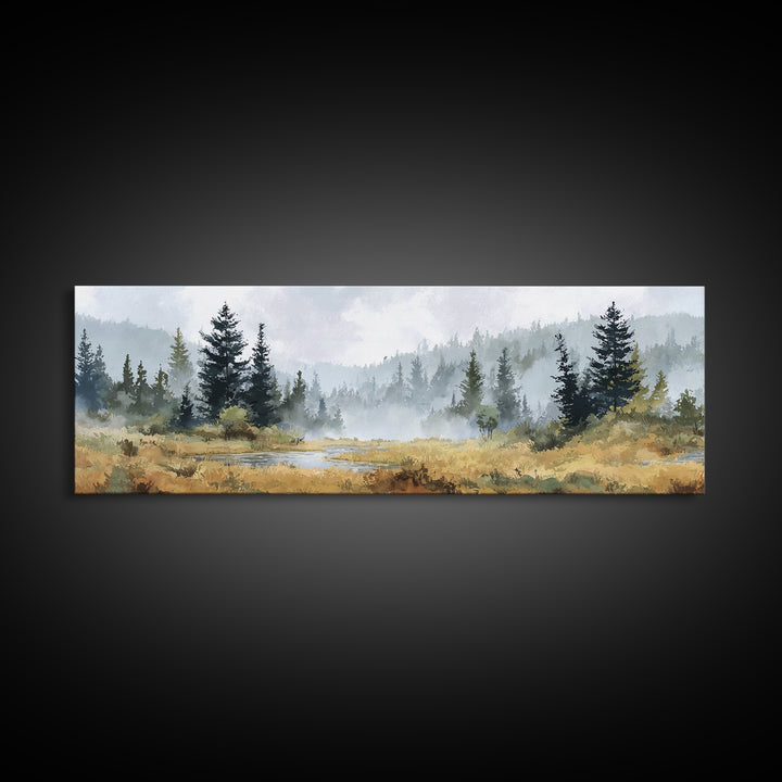 Calm Misty Forest Panorama Canvas Print, Master Bedroom, Wedding Decor, Bedroom Decor, Fine Art, Sanctuary, Rustic Home Decor, MAS-3x1-92