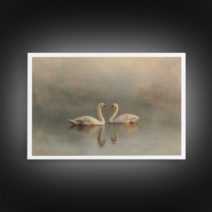 Romantic Swan Pair on Dark Water Framed Canvas Print, Master Bedroom, Statement Artwork, Bedroom Decor, Fine Art, Sanctuary, MAS-3x2-19