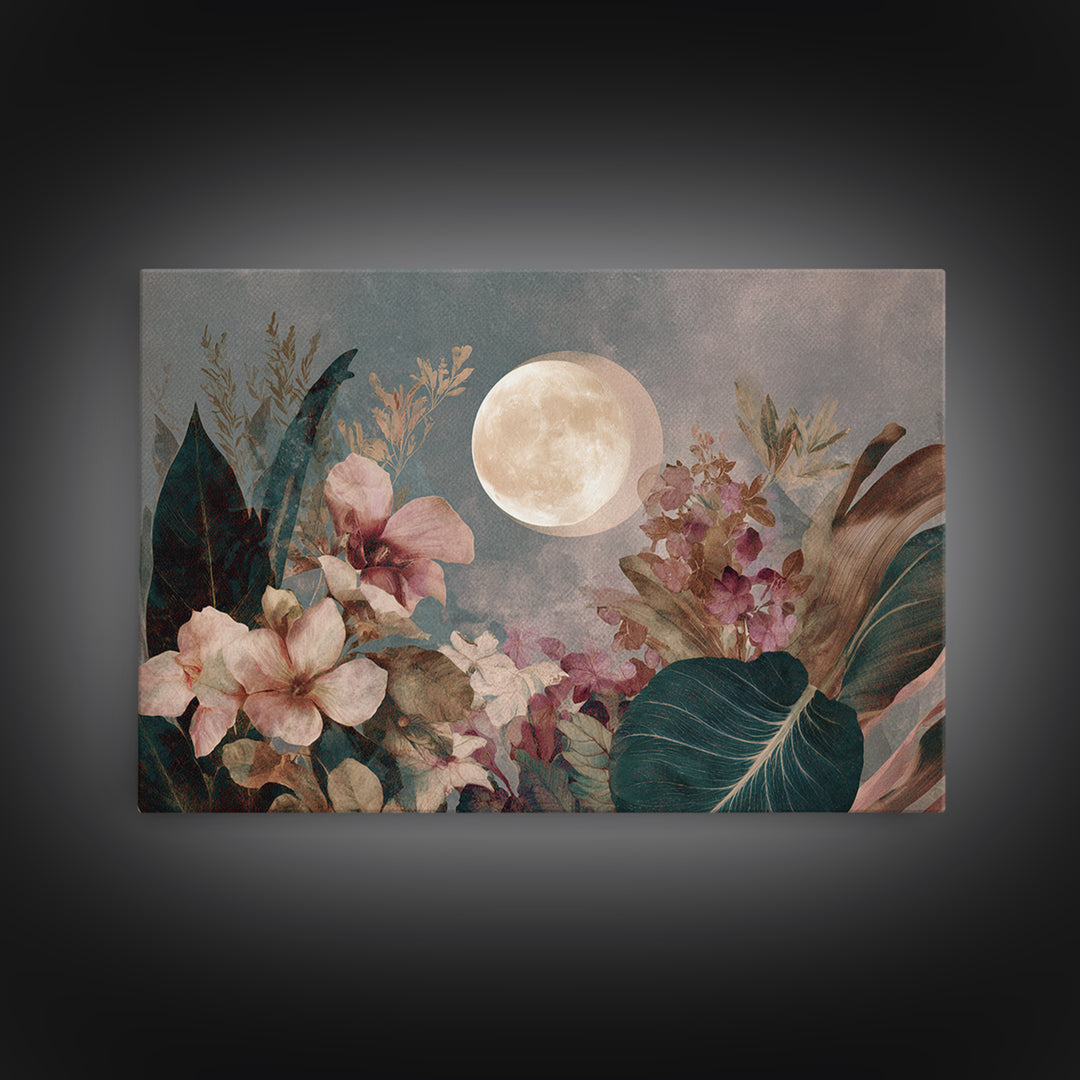 Dreamy Celestial Moon and Botanical Composition Canvas Print, Master Bedroom, Contemporary Art, Bedroom Decor, Sanctuary, MAS-3x2-39
