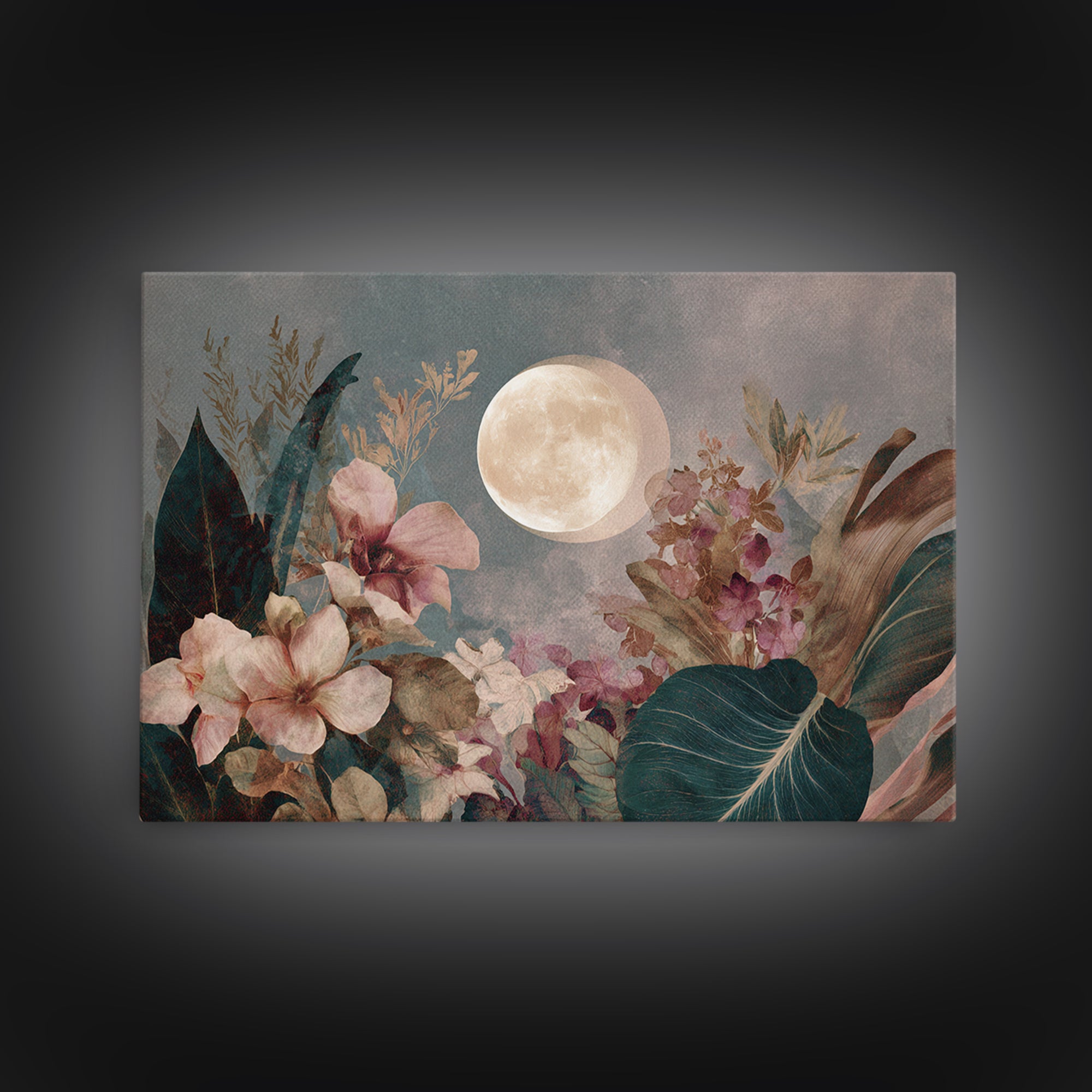 Dreamy Celestial Moon and Botanical Composition Canvas Print, Master Bedroom, Contemporary Art, Bedroom Decor, Sanctuary, MAS-3x2-39